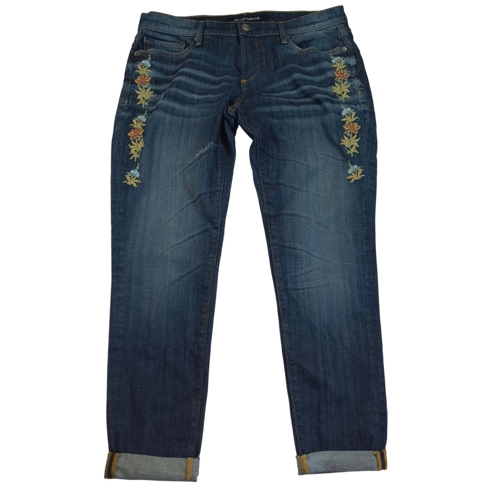 Driftwood Embroidered Floral Side Jean Women's Boho High Rise Straight